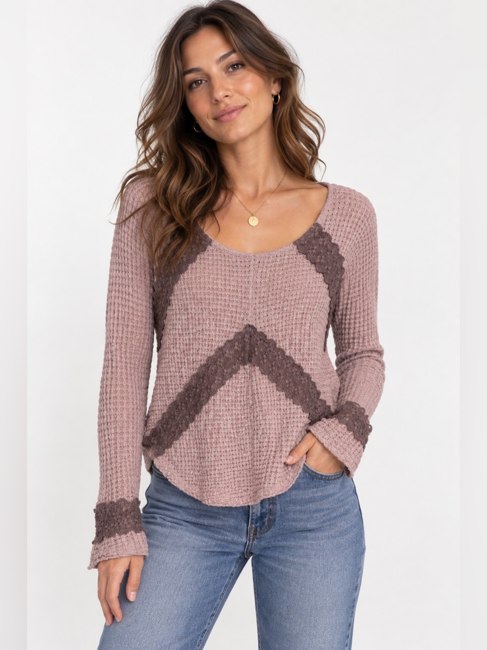 Gimmicks Women's Waffle Weave Lace Trim Long Sleeve Top Size L Fairycore